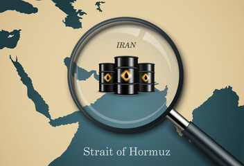 A zoomed-in image of the Strait of Hormuz on a geographic map with an oil barrel next to it, highlighting the critical maritime point for global energy supplies and trade © Аня Крамарова