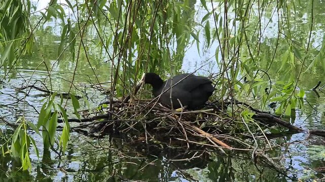 A graceful coot meticulously weaves a floating cradle from willow branches, sheltered by sweeping emerald boughs in a quiet, sun-dappled corner of the lake.