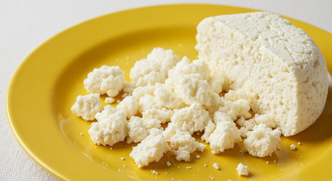 Crumbled fresh cheese on a yellow plate with white cheese, food and drink