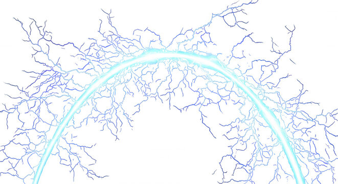 Bright blue electrical arc forming a curved shape with branching lightning bolts isolated against a solid black background