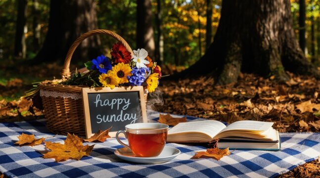 Autumnal picnic setup with steaming tea, a book, and flowers in a basket. A happy sunday chalkboard rests near the checkered blanket amidst fallen leaves and tall trees. Peaceful woodland scene.