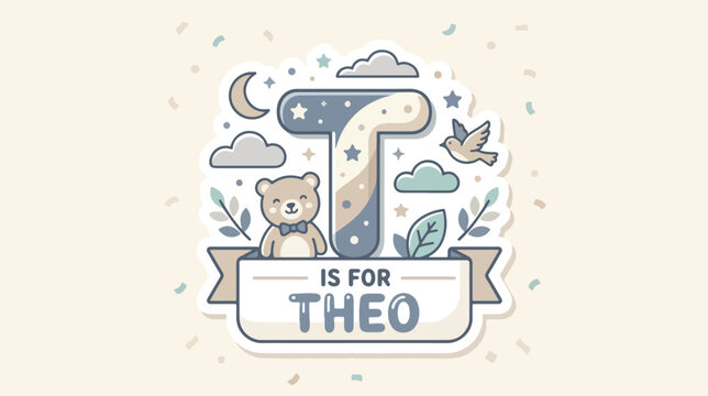 A customized baby sign name featuring the letter T is for Theo with cute illustrations on a beige background