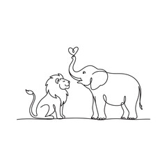 Obraz premium Lion and elephant line drawing with heart minimalist style