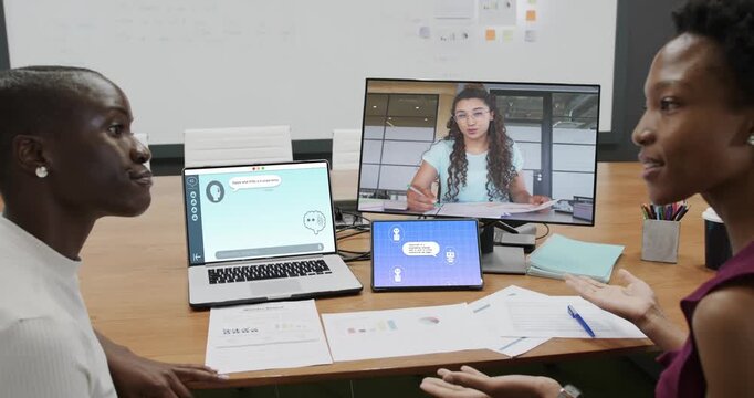 Vertical video: Business team clarifying charts, tablet chat appearing initiating remote speaking