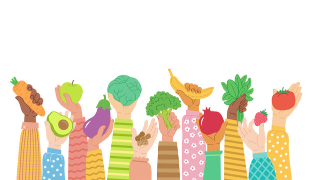Hands raise up various fruits and vegetables symbolizing World Food Day. Hands hold food: carrot, strawberry, apple, tomato, spinach, broccoli, banana isolated on white background