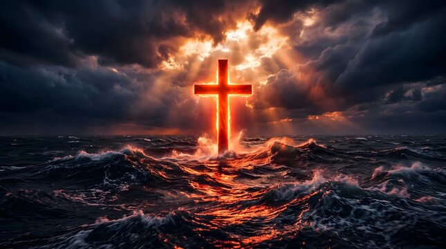 Glowing orange cross emerges from stormy ocean water at dawn with dramatic light