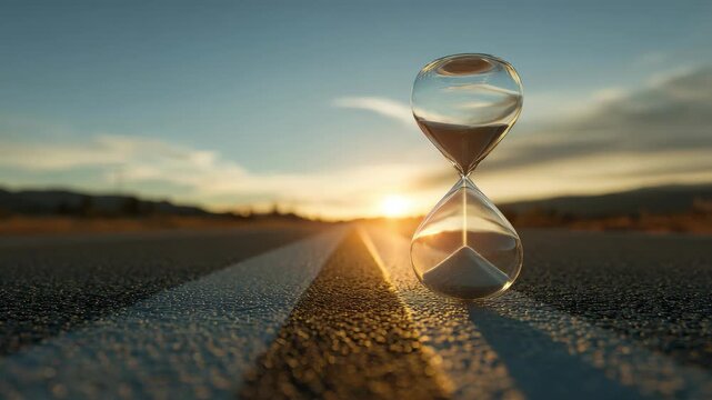 An hourglass on the road as a symbol of running out of time, with the sun setting in the background.