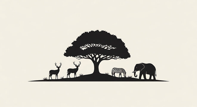Black silhouettes of animals under a tree on beige background