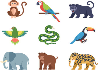 Fototapeta premium Collection of colorful cartoon jungle animals including a monkey parrots panther snake toucan and elephants