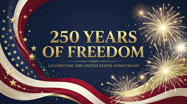 Elegant 250 Years of Freedom Anniversary Banner with Gold Stars and Fireworks. Patriotic Celebration.