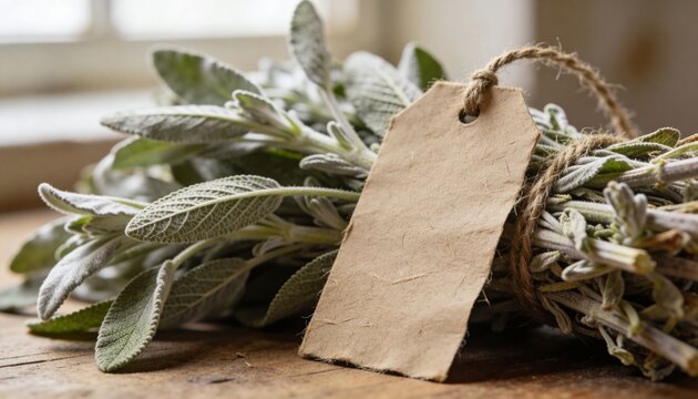 Displaying tied sage bundle resting on rustic kitchen tabletop by window, with kraft tag and twine