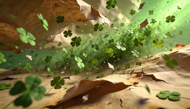 Swirling mass of clover leaves lifting from dry brown leaf litter on forest floor, with dust
