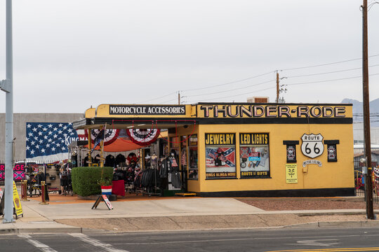 Kingman, Arizona, USA - April 6th 2026: Thunder-rode, a Shop with motorcycle accessories and clothes, and showing its love to Trump and the MAGA movement, with conservative and racist tones and images