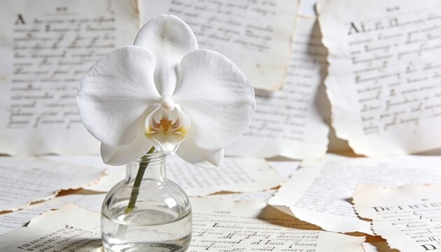 Displaying white Phalaenopsis bloom in glass bottle showing green stem on tabletop with torn pages