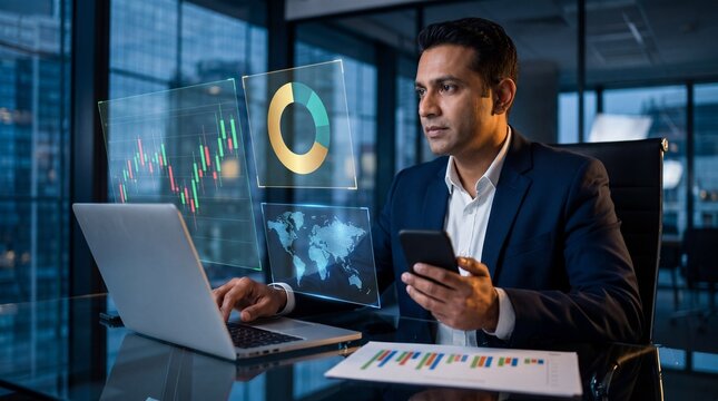 businessman reviewing financial data with digital graphics and technology