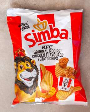 Simba KFC original recipe chicken flavored potato chips full packet on neutral background editorial South