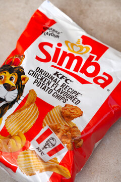 Simba KFC original recipe chicken flavored potato chips packet close up South Africa editorial