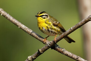 Fototapeta premium Male Hooded Warbler perched on tree branch against soft green background. This bird has black hood and yellow throat. It is small songbird found in North America. Natural habitat, bird watching.