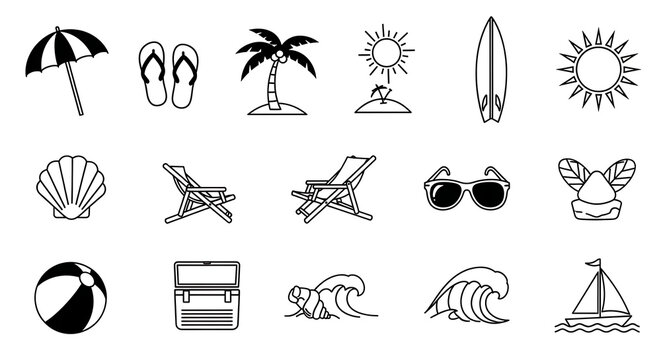 Black and white beach icons on white background