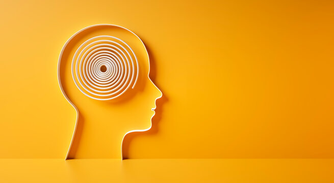 Conceptual artwork showing a 3D silhouette of a head with circular order rope, symbolizing mental activity, intelligence, or creativity - 3D illustration on yellow background	
