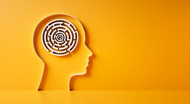 Conceptual artwork showing a 3D silhouette of a head with maze or circular labyrinth, symbolizing mental activity, intelligence, or creativity - 3D illustration on yellow background	
