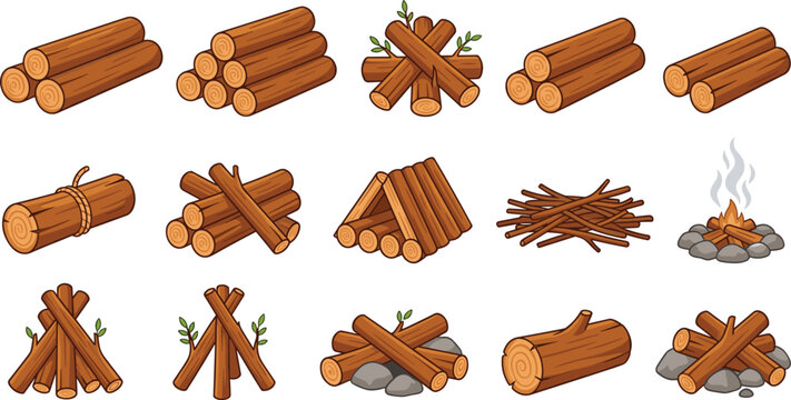Firewood logs collection with stacked wood campfire timber bundles and sticks outdoor flat vector illustration set design