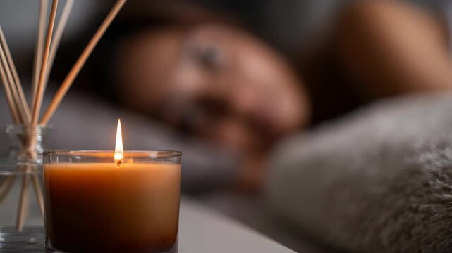 Woman is lying down with eyes closed in a peaceful setting. The presence of the candle suggests relaxation and self-care. This tablet conveys tranquility and stress relief.