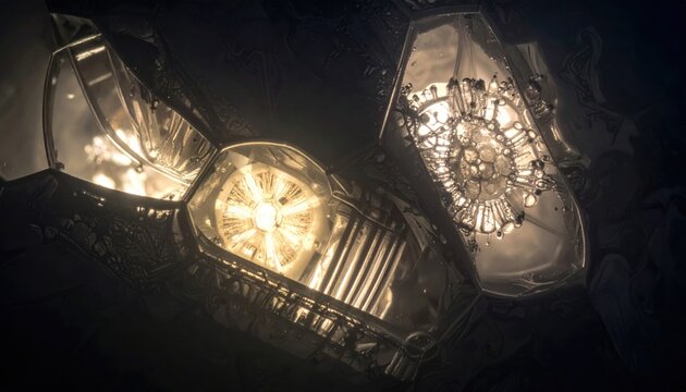 Brilliant internal illumination of complex geometric light fixtures casting intricate patterns in darkness