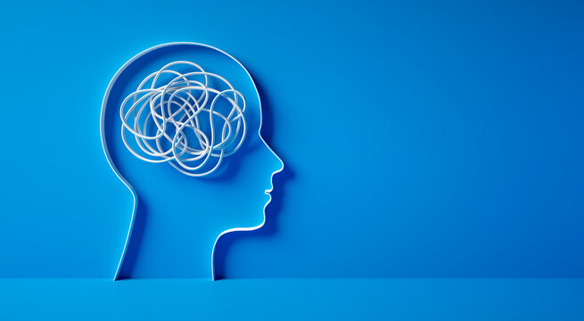 3D silhouette of a head with white tangled rope or cord inside symbolizing mental complexity and confusion on blue background - 3d illustration