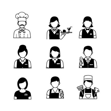 Various restaurant staff members in uniform are illustrated.