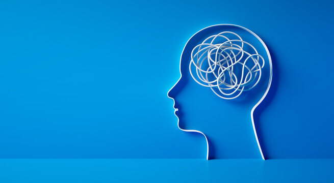3D silhouette of a head with white tangled rope or cord inside symbolizing mental complexity and confusion on blue background - 3d illustration