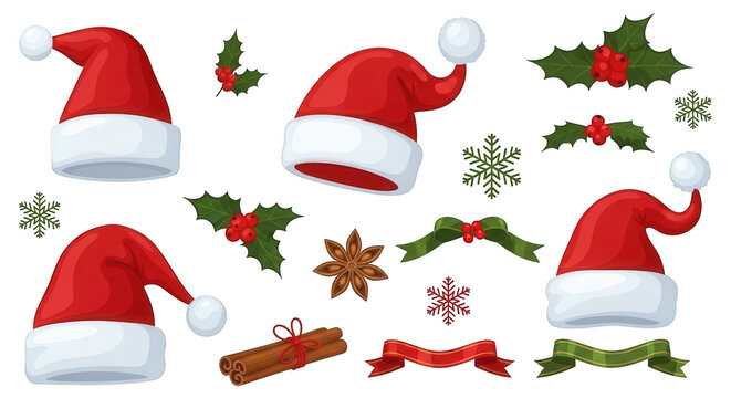 Collection of red santa claus hats, holly berries, green leaves, snowflakes, cinnamon sticks, and ribbons on a black background