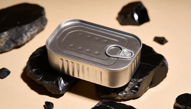 Showing tin with pulltab sitting on glossy black rocks with pieces on studio board casting shadows