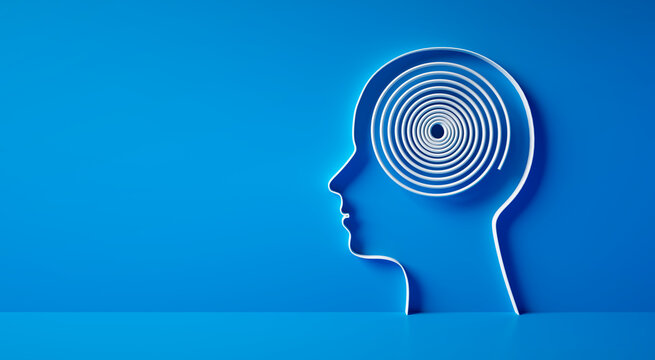 Conceptual artwork showing a 3D silhouette of a head with circular order rope, symbolizing mental activity, intelligence, or creativity - 3D illustration on blue background	
