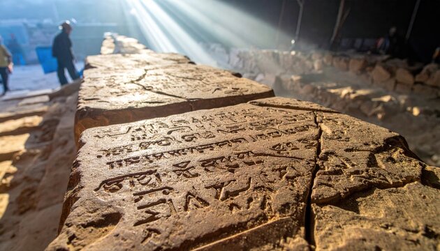 Ancient Cuneiform Stone Tablet Etched with Deep Inscriptions in Sunlit Ruins