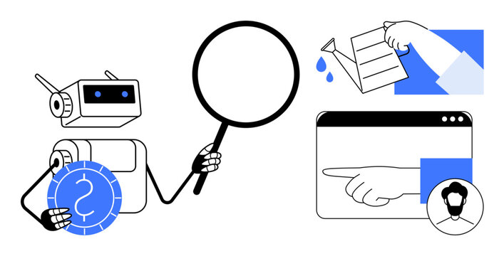 Technology, finance, data analysis, automation, artificial intelligence, machine learning. A robot with a magnifying glass and digital finance symbols. Finance and technology concepts