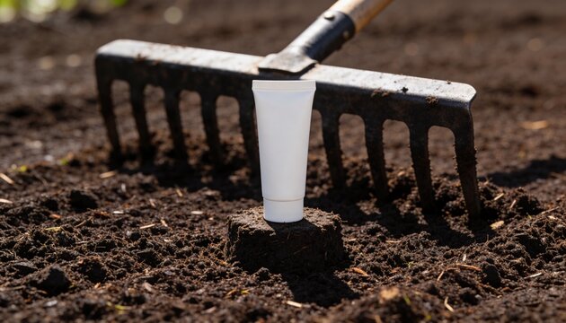 Standing white plastic tube on compacted dark soil plug in garden bed, with metal rake