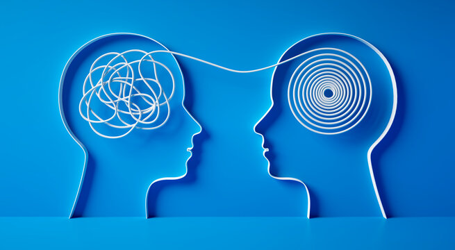 3D silhouette of a two heads with white tangled rope connected to order rope inside symbolizing mental confusion and mental health care on blue background with copy space