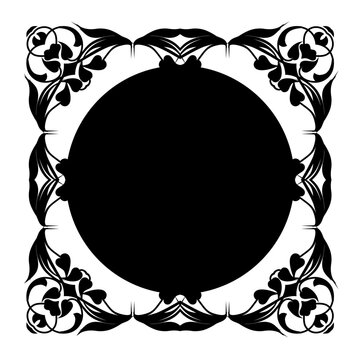 Vintage black and white floral frame design featuring an ornate vector border with leaf patterns, swirls, and nature elements for decorative art illustration