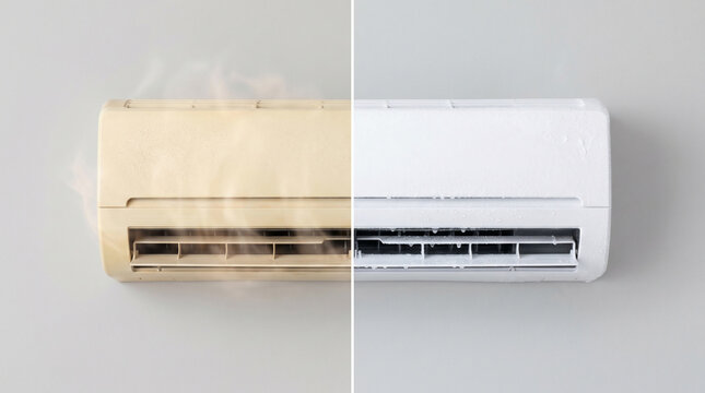 Before and After Air Conditioner Service Showing Dirty Old and Fresh New
