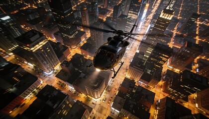 Obraz premium Flying dark utility helicopter scanning downtown at night, casting searchlight over streets
