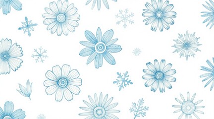Naklejka premium Hand drawn blue flowers and snowflakes repeat pattern. Soft floral winter design for fabric, wallpaper, cards, or gift wrap. Gentle botanical illustration creates a calm mood.