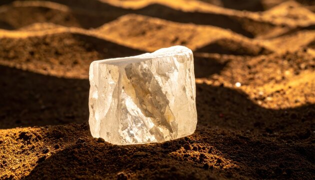 A large rough block of translucent rock salt sits on a dark earthy textured surface
