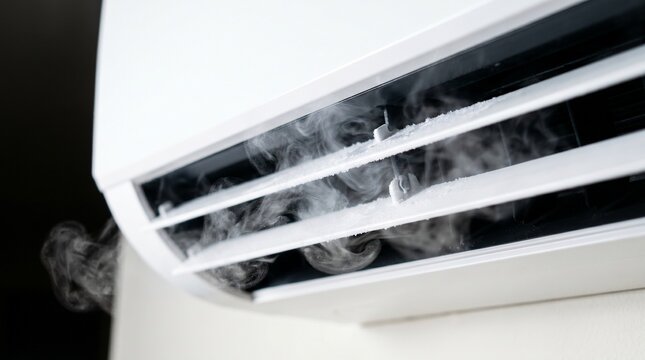 Extreme close-up of frozen air conditioner showing breakdown and mist.