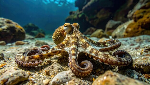 Camouflaged octopus blends perfectly with rocky seabed in detailed underwater view