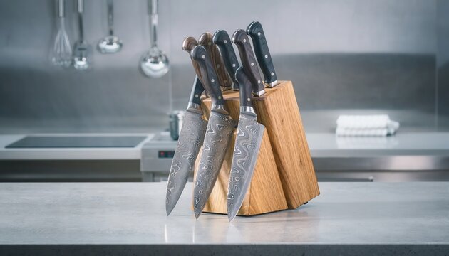 Professional Damascus steel kitchen knife set with wooden block on marble countertop in modern culinary workspace, premium chef tools for gourmet cooking preparation and dining room decor.