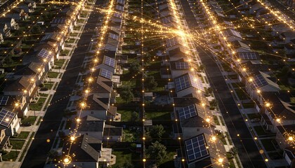 Obraz premium Displaying centered column of single-family houses with solar panels at night, glowing network hub