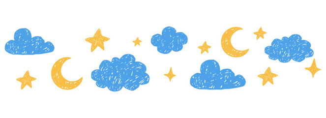 Naklejka na ściany i meble Crayon cloud hand drawn naive kids, baby, school seamless border. Childlike scribble clouds, star, moon drawn with chalk weather elements, kid drawings. 