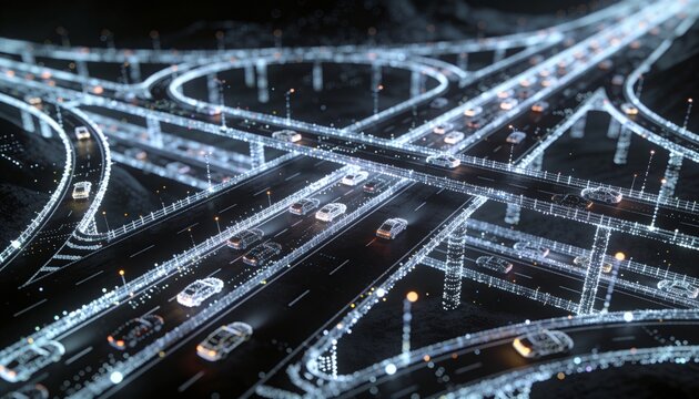 Displaying multi-level freeway interchange in aerial nighttime view, showing lit vehicles on ramps