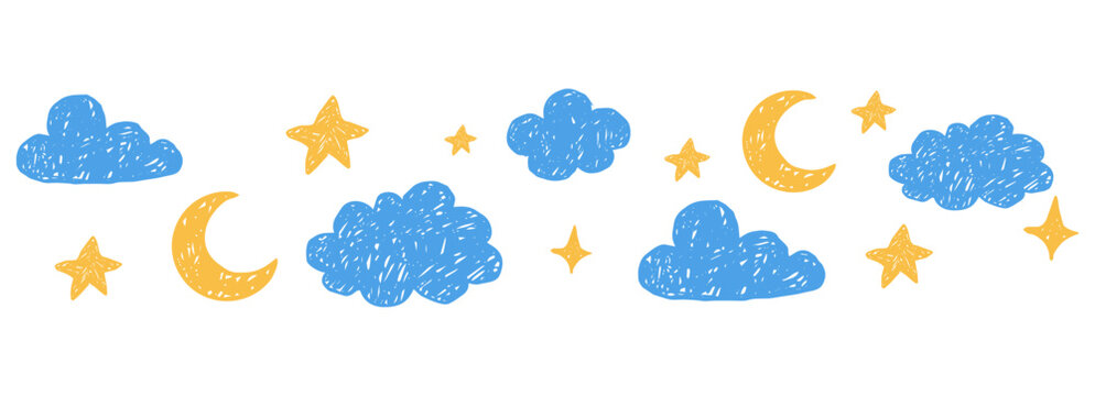 Crayon cloud hand drawn naive kids, baby, school seamless border. Childlike scribble clouds, star, moon drawn with chalk weather elements, kid drawings. 